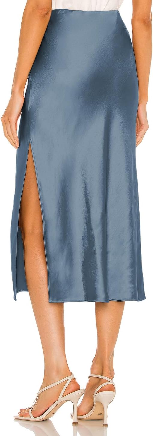 Womens Satin Silk High Waist Slit Midi Skirt Elastic Waistband Midi Skirts for Women - Image 4