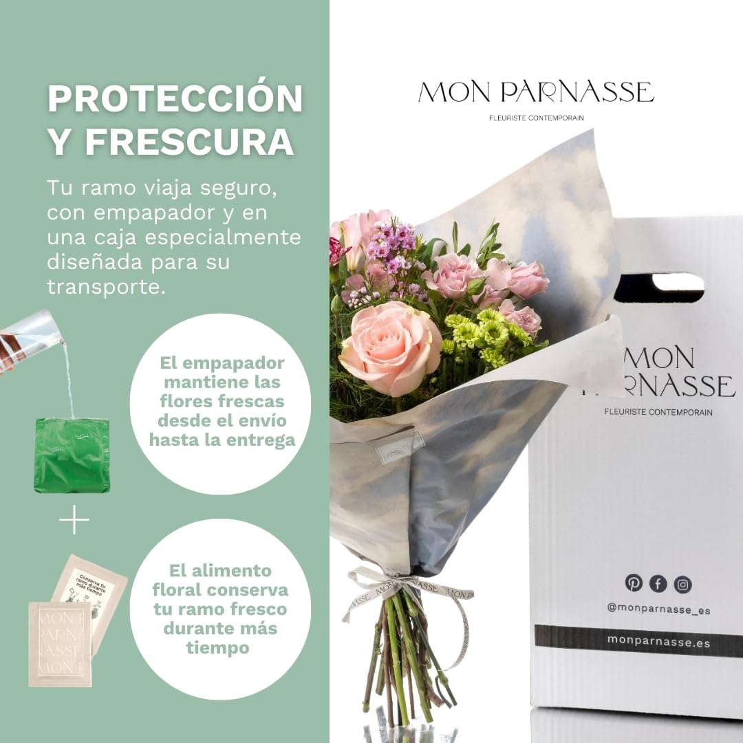 Mon Parnasse - Ramo de Flores Naturales con Dedicatoria, Incluye Tarjeta Personalizada, Set Alimento Floral, Envoltorio Elegante, Regalo, Sutileza y Aroma - Armonia