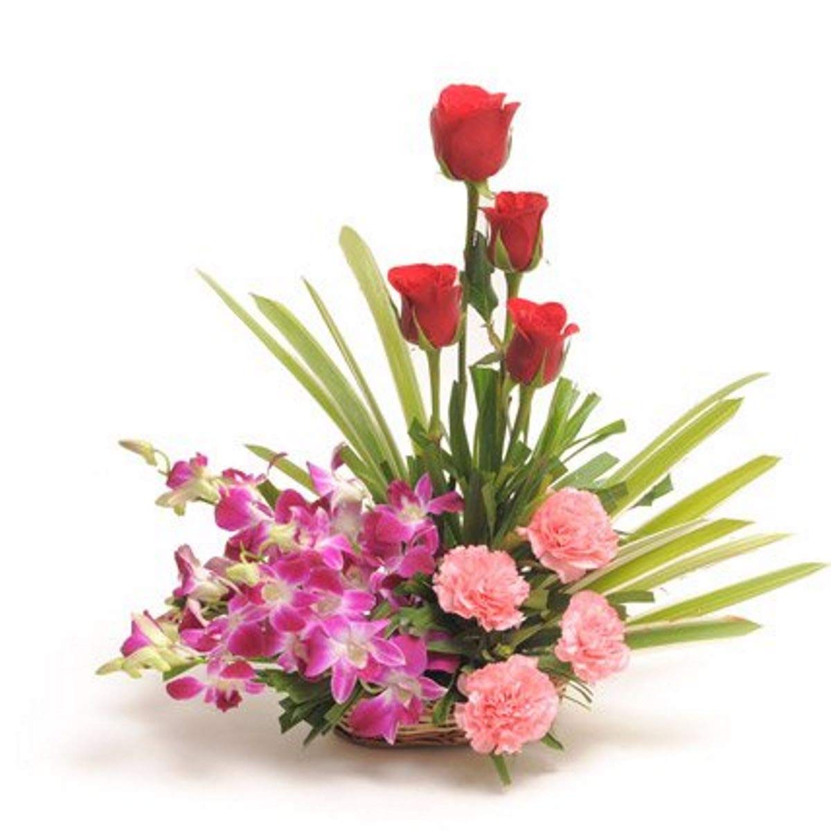 The FloralMart® Special Basket Arrangement of 4 Red Roses, 5 Purple Orchids, 4 Pink Carnations Fresh Flowers || TFM-picture-33