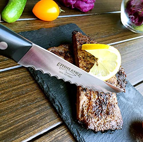 Ergo Chef Steak Knives – Set of 4- Pro Series II High Carbon Stainless Steel (5” Serrated-Edge Blade, Black Handle) - Thumbnail 5