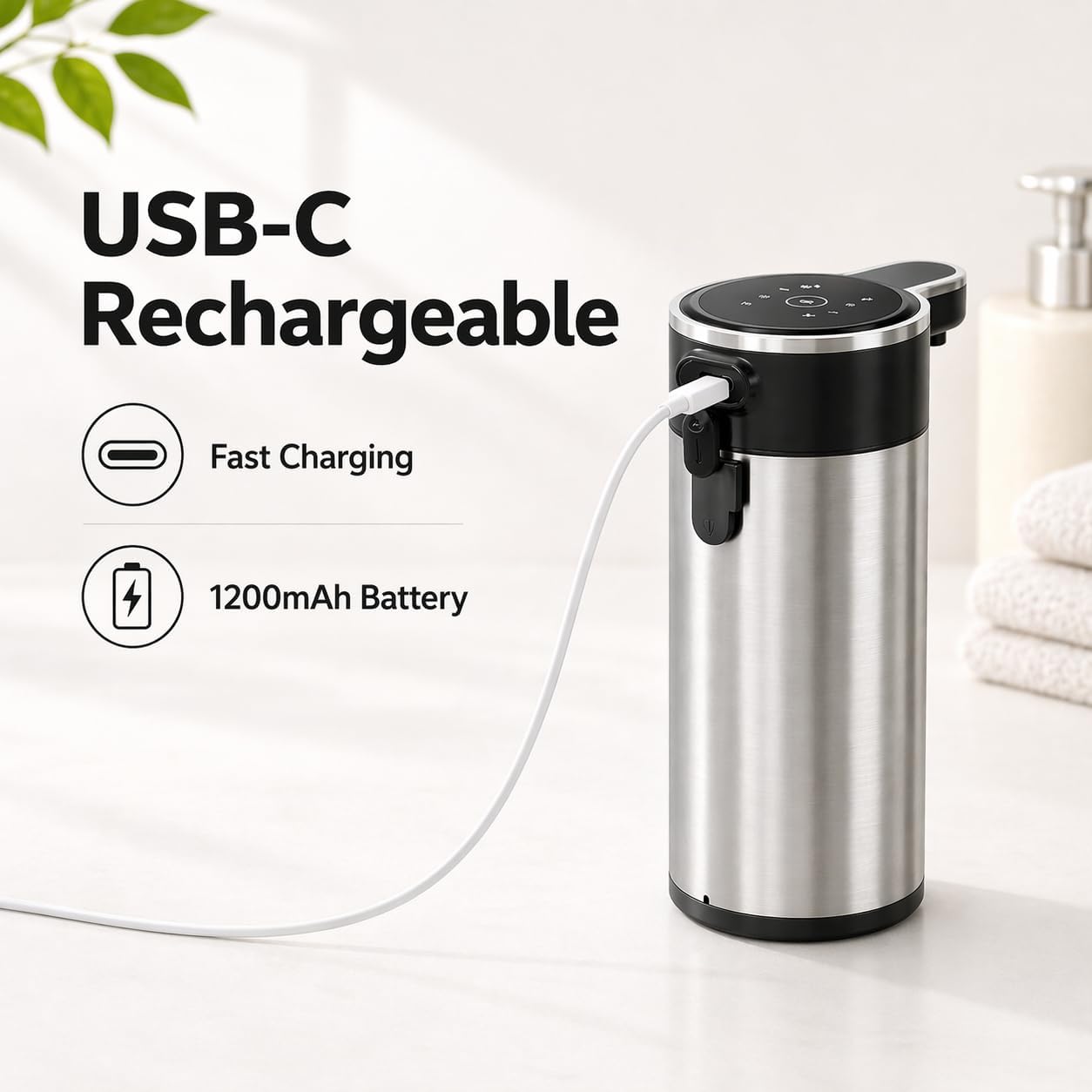 Automatic Foaming Soap Dispenser Touchless, 304 Stainless Steel Hand Soap Dispenser, USB Rechargeable, 4 Adjustable Levels, 13.5 oz (400 ml), for Kitchen & Bathroom (Black, Foam)