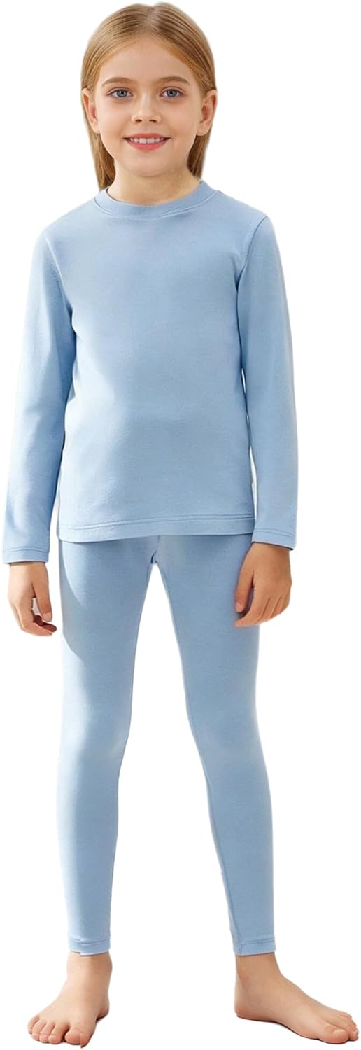 TTAO Boys Girls Thermal Underwear Set Kids Long Johns Set Base Layer Top and Bottom Winter Thermal Sets Light Blue 13-14 Years