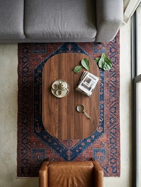 Image of REDWOOD Modern Coffee Table | Engineered Wood Top with Geometric Support & Sleek Metal Hairpin Legs | Modern Center Table for Living Room, Lounge & Apartment Furniture | Columbian Walnut & Black