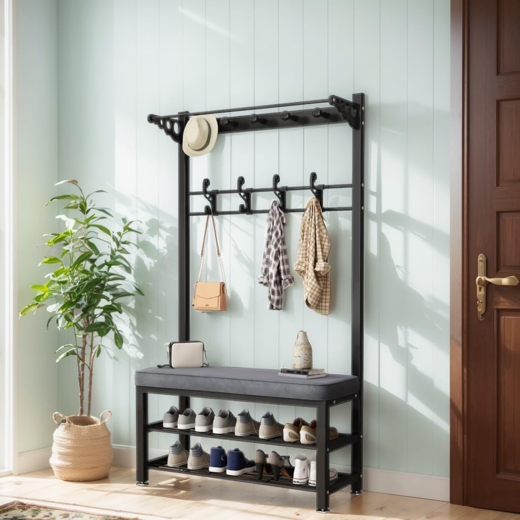 Perchero con zapatero perchero entrada recibidor zapatero estrecho recibidor Estructura metálica cojín de espuma 9 ganchos fácil de montar for Sala de Estar, Dormitorio, Estable(Black,100cm)