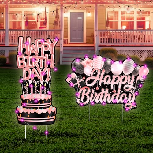 2 Pack Birthday Yard Signs with LED String Light Rose Gold Happy ...
