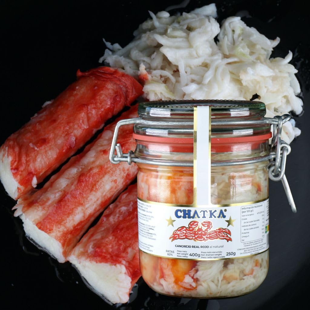 Chatka. Conserva en bote de cristal con 60% patas de auténtico cangrejo real rojo y carne desmigada (250 gram)