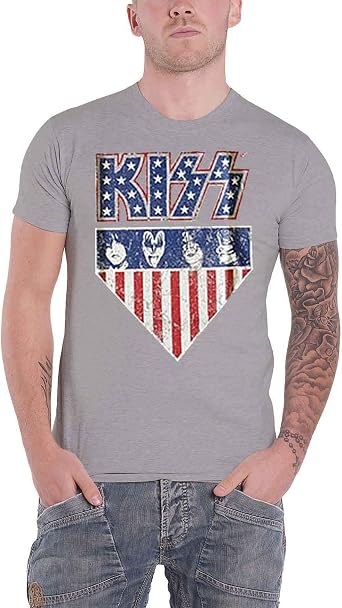 KISS T Shirt Stars and Stripes Band Logo Official Mens Grey XL