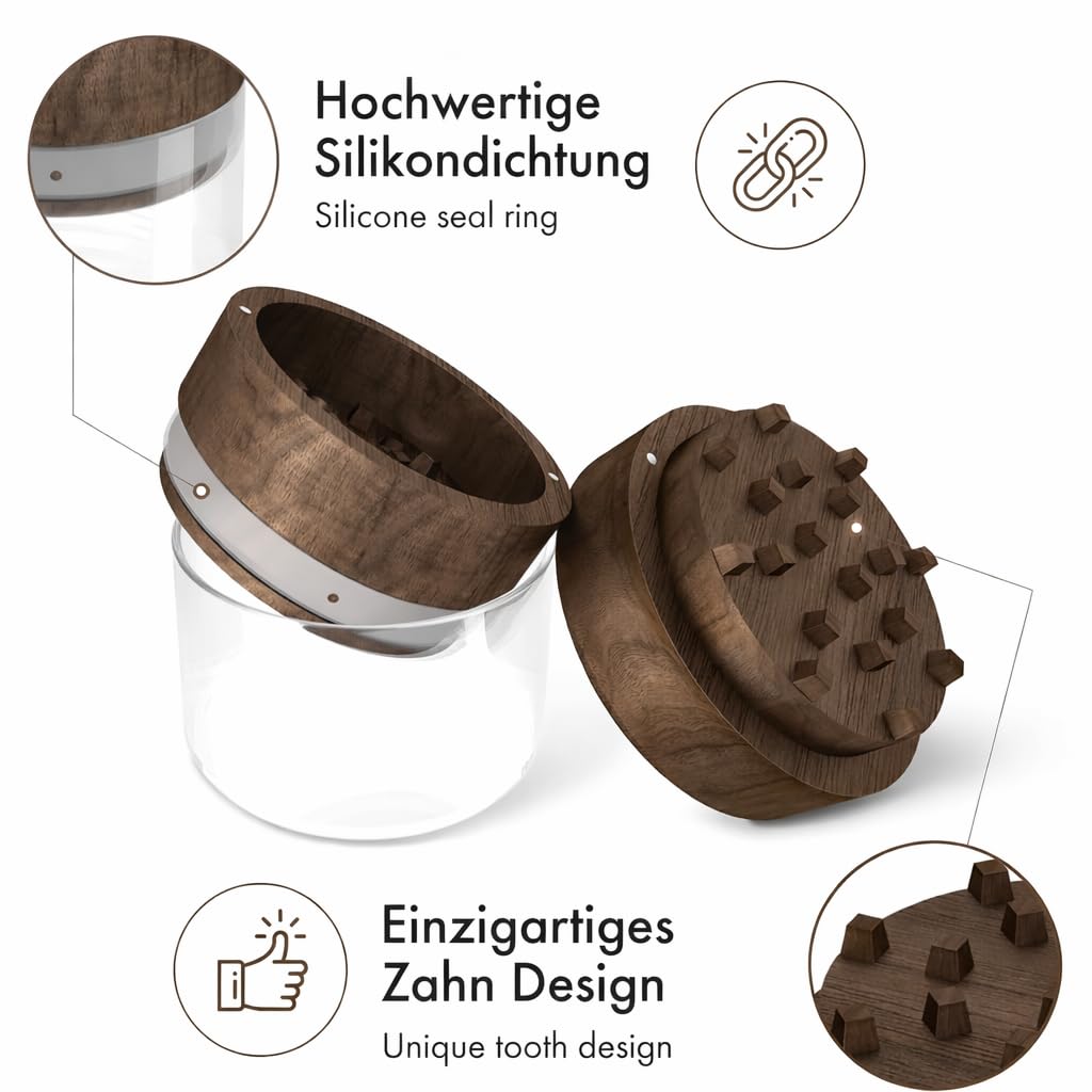 Młynek z drewna Ø 6,5 cm do ziół, przypraw i ziół, ze szklaną komorą na pyłki i magnetyczną pokrywką, 3-częściowy młynek do ziół, drewno orzecha włoskiego