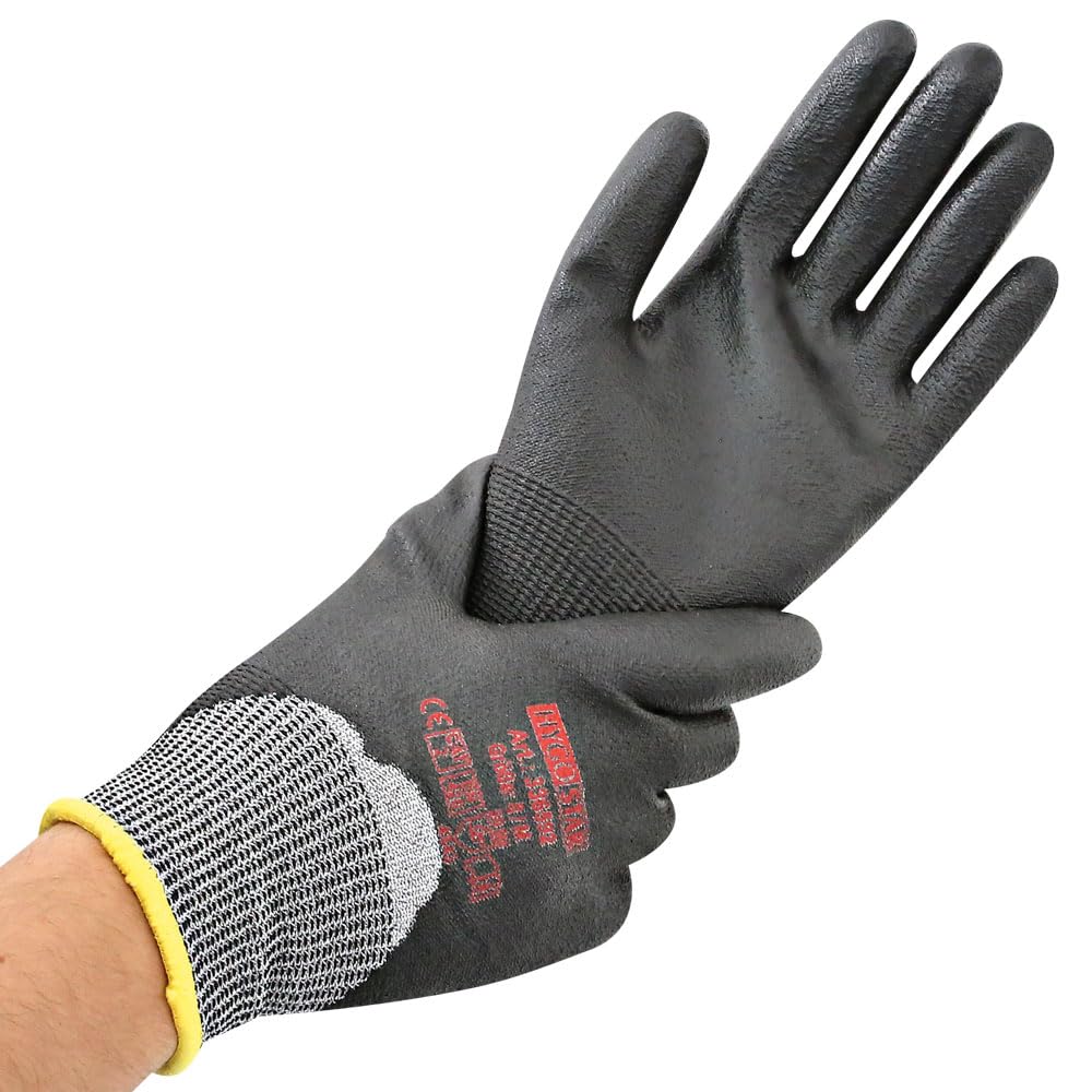 FRANZ MENSCH 20 Stück Schnittschutzhandschuhe Cut Safe Gr. M | 3/4-beschichtet, PU-Beschichtung, schwarz, Gr. 8/M, L: 24 cm, Packung, Baustellenhandschuhe, Glasindustriehandschuhe