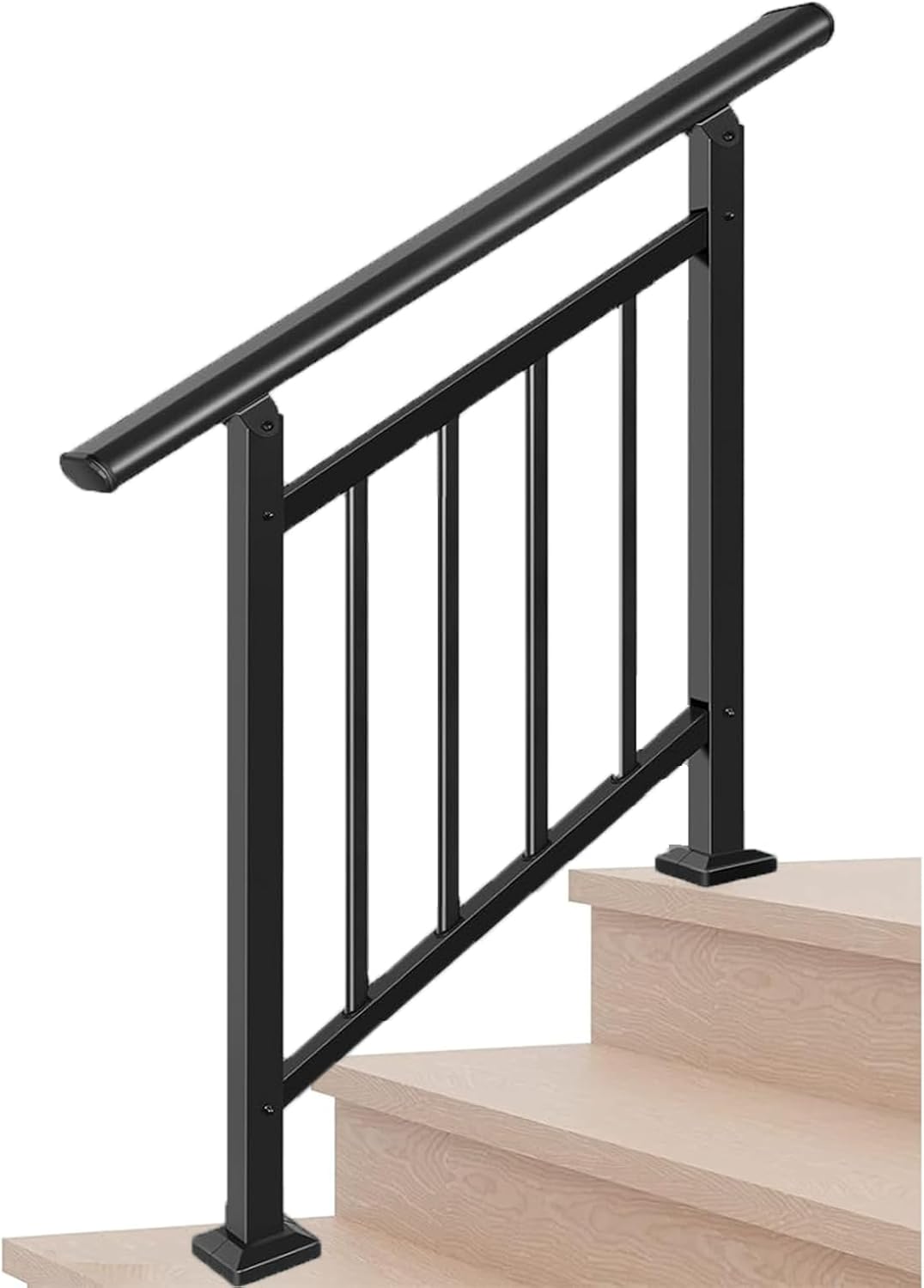 Metty Metal Handrails for Outdoor Steps Suitable for 1 to 3 Steps- Wrought Iron Stair Railing- Step Steady with 3 Feet Handrailing- Safe Indoor Home Banisters (Black) Black with Balusters 3 Step