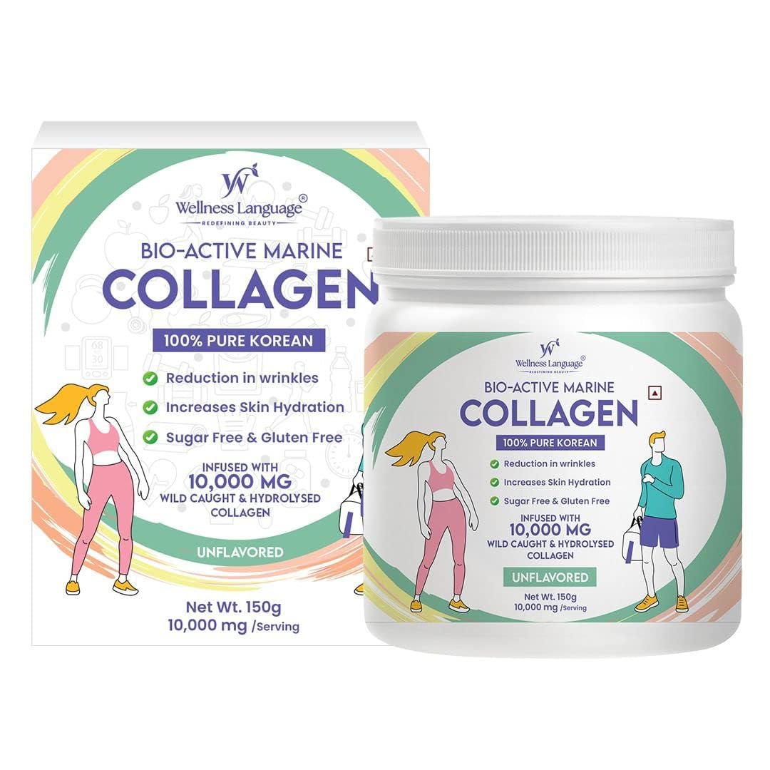 WELLNESS LANGUAGE Pure Korean, Bio-Active, Wild Caught, Marine Collagen Powder Peptides for Men & Women l 10,000 MG Collagen l Weight Loss & Fitness l Supports Healthy Skin Hair Nails & Bone l For all ages