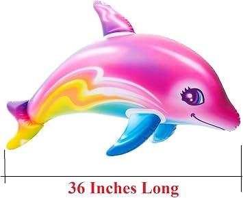 Zugar Land Large 36 Pink Rainbow Colorful Dolphin Inflatable Pool Toy (Pack) Inflate Beach Poolside Aquatic Themed Decor Birthday Party Decoration