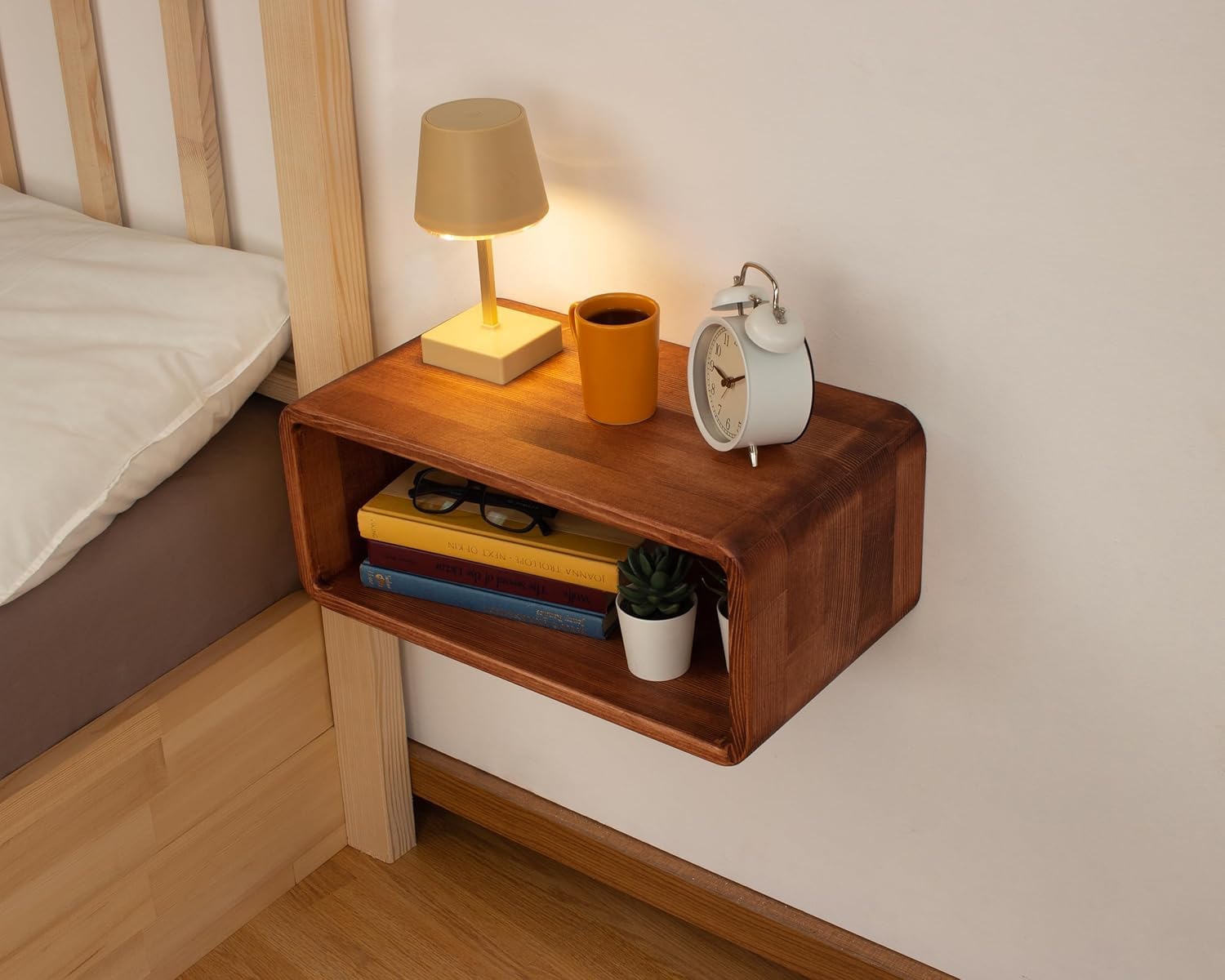 Craftware Curved Wooden Floating Nightstand,Wooden Bedside Table for Bedroom Nightstand Lamp Table Handmade Bedside Table Modern Floating Nightstands (Light Walnut)-image-43