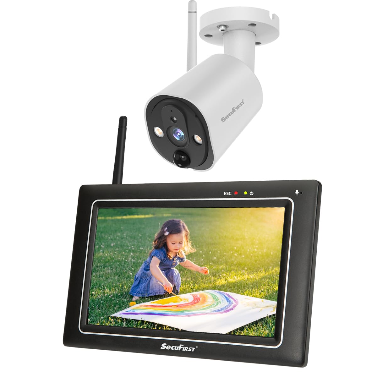 SecuFirst Überwachungskamera Aussen Kit mit Monitor,7" Touchscreen | Arbeiten ohne WLAN,Babyphone,2K Kamera Überwachung Outdoor, Innen Bildschirm, 2TB Erweiterbarer Speicher,32GB Lokal Speicher