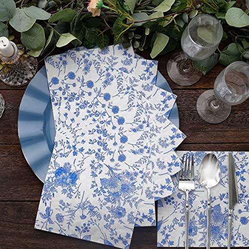 Efavormart 20 Pack | White/Blue Chinoiserie Floral Print 2-Ply Paper Napkins, Disposable Dinner Napkins