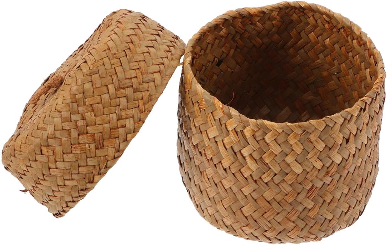 PRETYZOOM Handmade Woven Flower Basket Small Straw Storage Box with Lid 4.72X3.93X3.93 Inch Mini Sundries Container for Home Decor