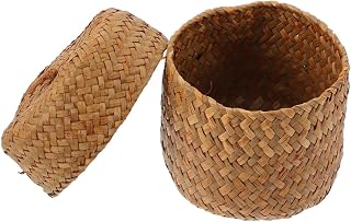 PRETYZOOM Handmade Woven Flower Basket Small Straw Storage Box with Lid 4.72X3.93X3.93 Inch Mini Sundries Container for Home Decor