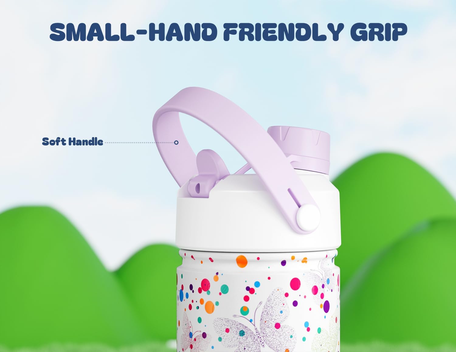 18 oz Kids Insulated Water Bottle: BPA-Free, Easy Clean, Keep Cold 24H, Leakproof, Stainless Steel Cup, Unique Patterns, Dual-Function Lid for School, Travel, Party, Playtime, Gift (Dotty Butterfly) - Image 6