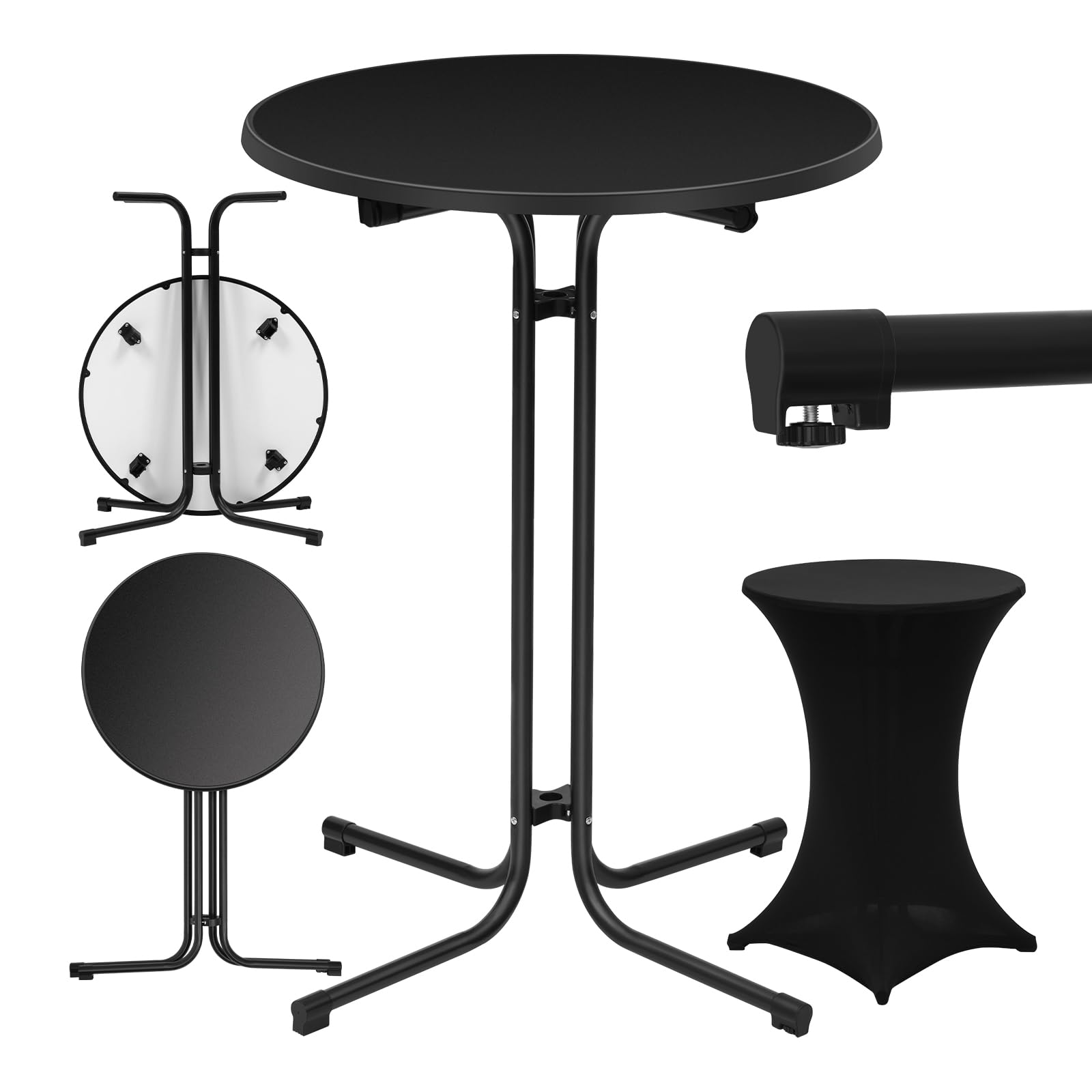 WOLTU Table de Bar Ronde et Haute, Mange Debout Extérieur à Cadre en Métal, avec Housse Élastique et Plateau Pliant en Bois d'Ingénierie, Ф80 x 110cm, Noir Mat