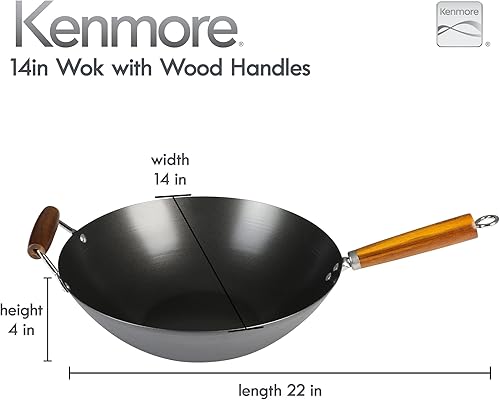 Miniatura 2 de Kenmore Hammond Wok de acero al carbono con fondo plano, 14 pulgadas, negro