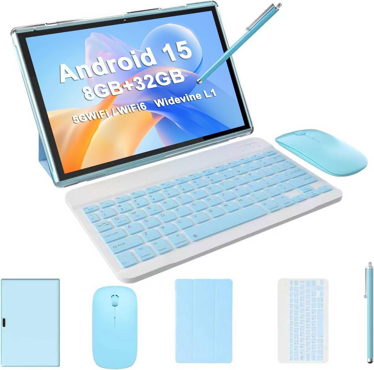 - 2 in 1 Tablet with Keyboard Case Mouse Stylus, 10 inch Tablet Android 15 Tablets PC, 8GB RAM+32GB ROM Support 1TB Expandable, 6000mAh Battery IPS 10.1" Tab 2MP+8MP Dual Camera WiFi-6 Bluetooth Tableta