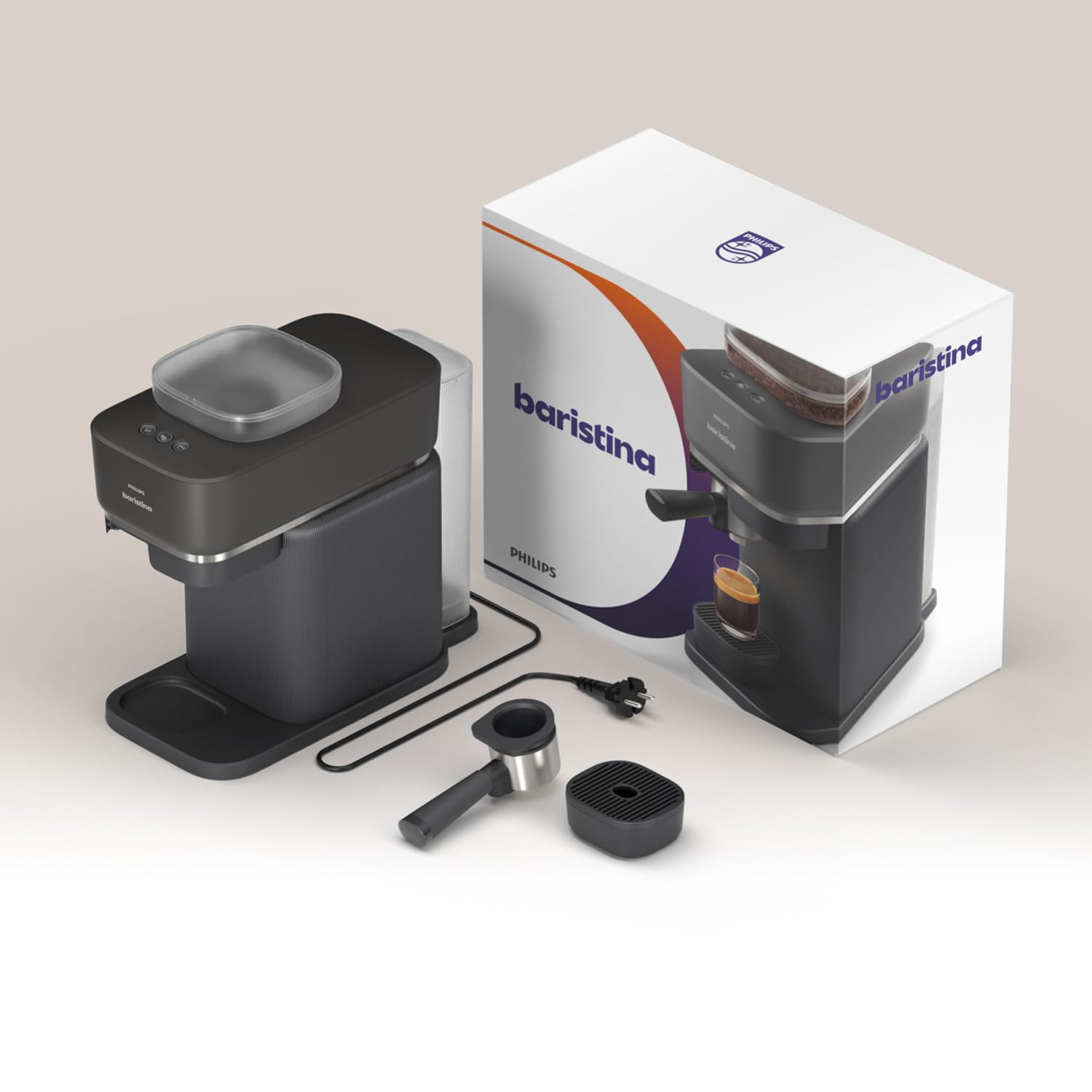 Philips Baristina Espressomaschine –Automatisches Mahlen, Tampen & Brühen, 16 Bar, Kaffeemaschine mit Mahlwerk & Siebträger, leichte Reinigung, Espresso & Café Crema, Schwarzgrau (BAR305/60)