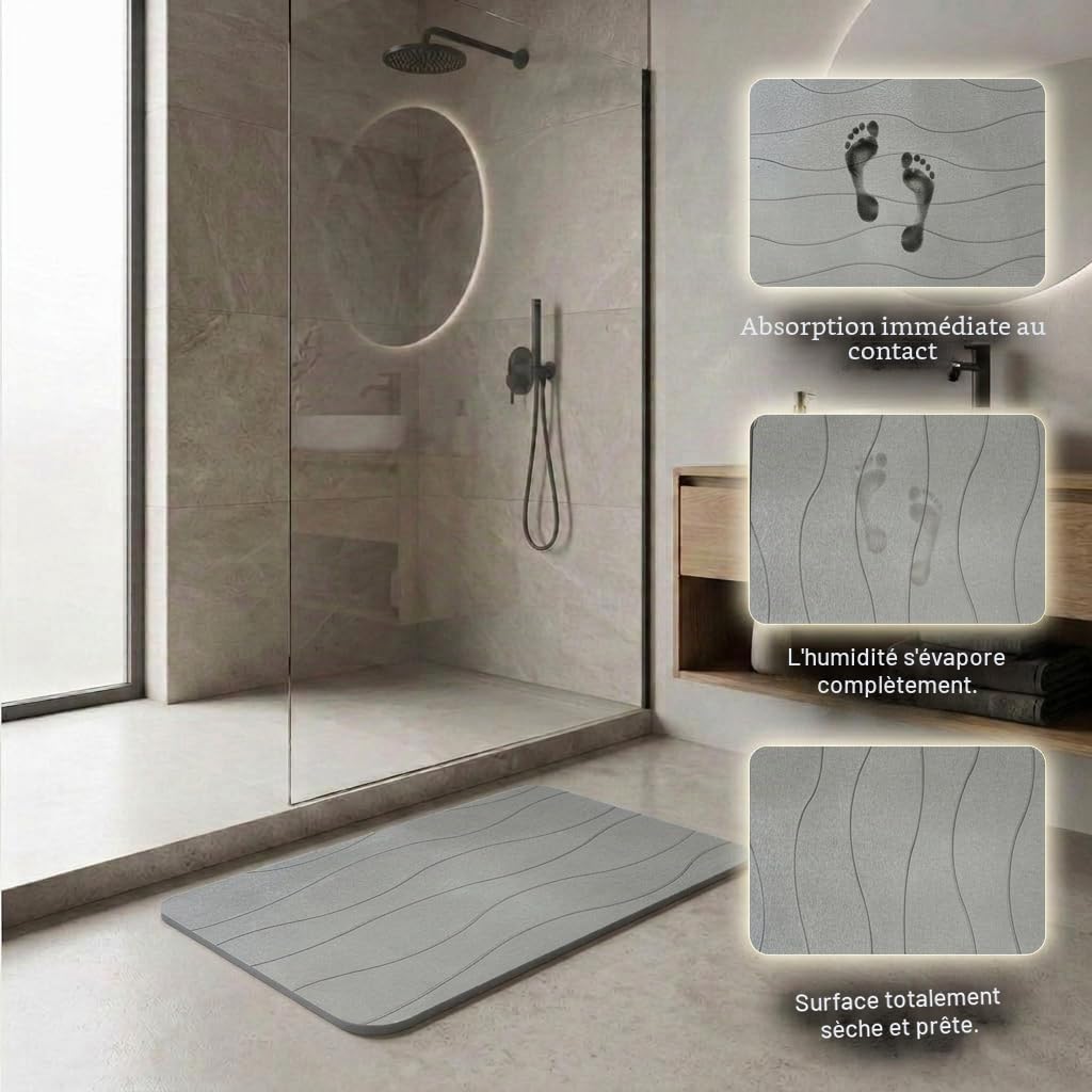 Tapis de Bain Diatomite 40x60 cm, Séchage Rapide, Antidérapant, Anti-Moisissure, Gris Clair