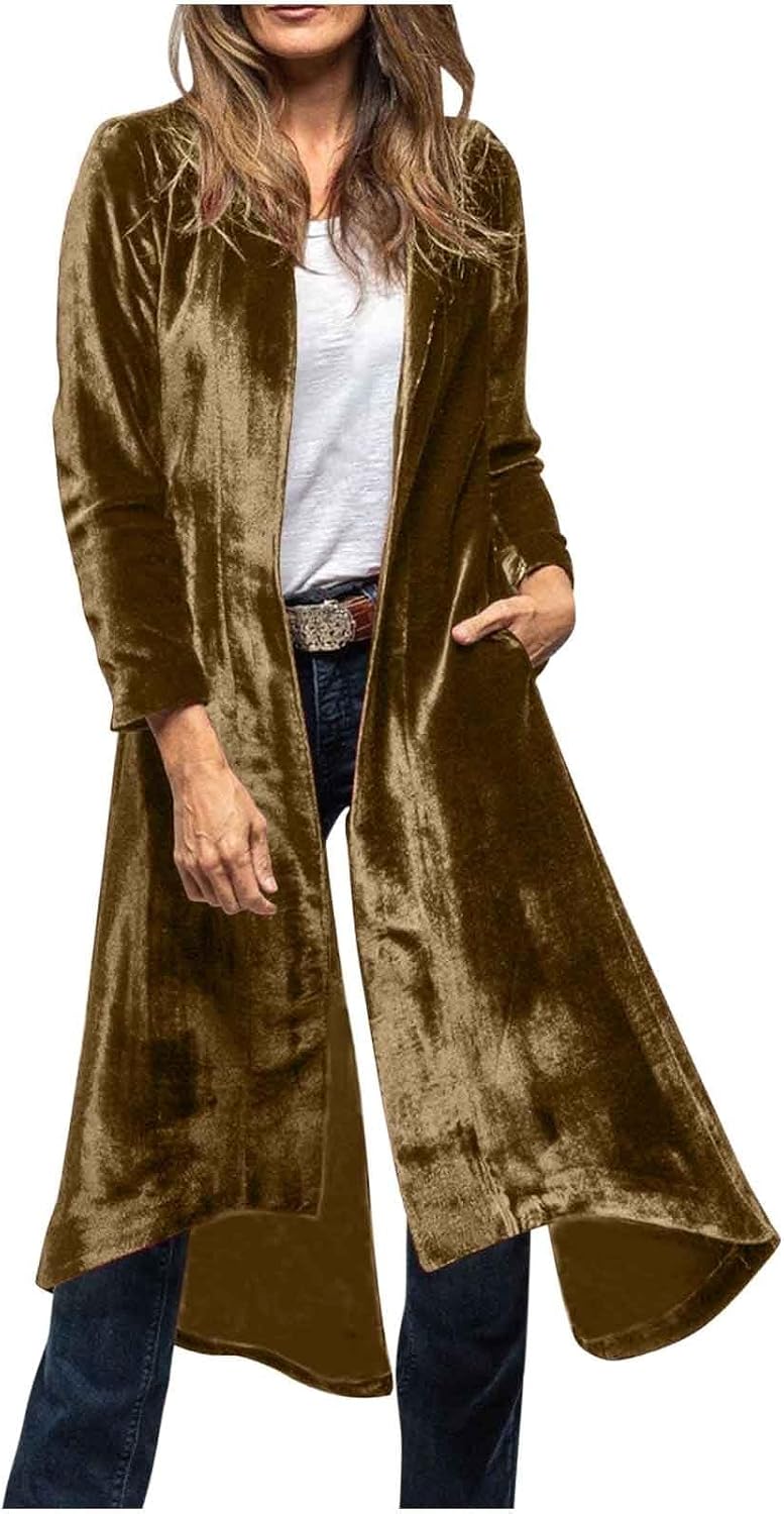 Women's Velvet Long Trench Coat, Open Front Long Sleeve Cardigan Jacket Back Slit Elegant Casual Blazer with Pockets