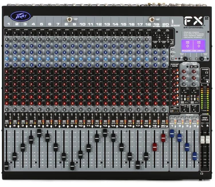 Detailní vršek view of the Peavey FX 24 II mixer's control surface, showing all knobs, buttons, and faders for 24 channels, master section, and effects.