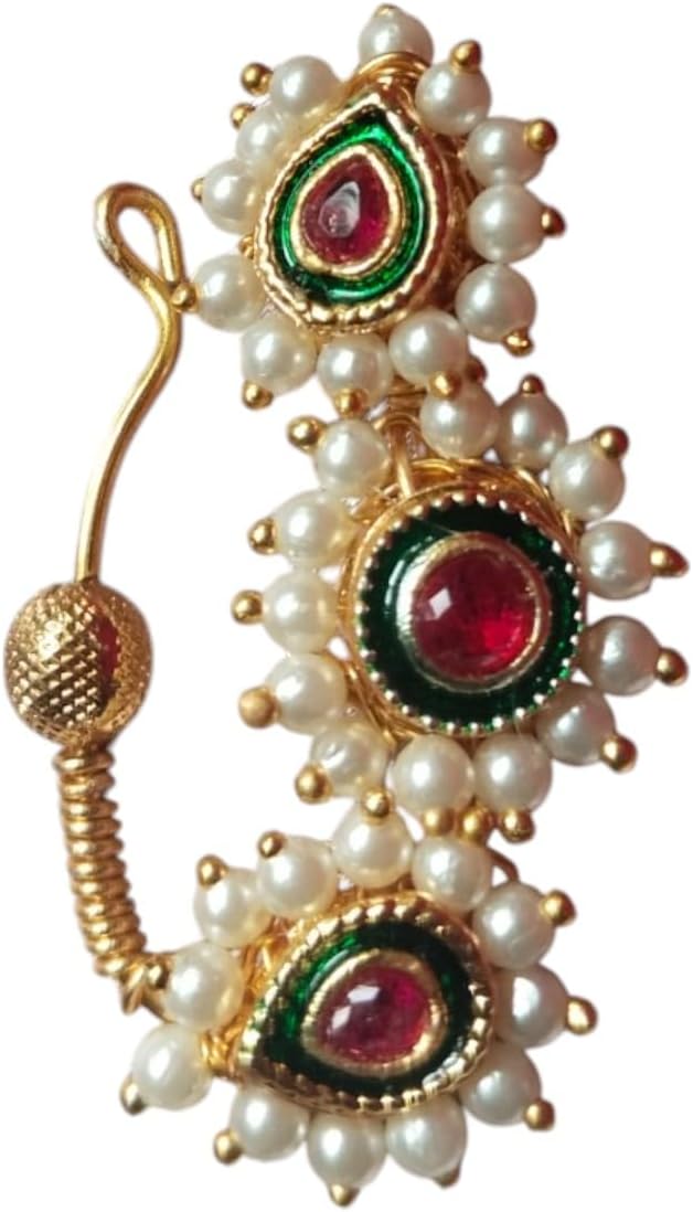 ArtNestCrafted Golden Brass | Maharashtrian Pearl Nose Ring Or Nathiya | Traditional Indian Bridal Jewelry | Hypoallergenic Ethnic Nose Pin (N24)