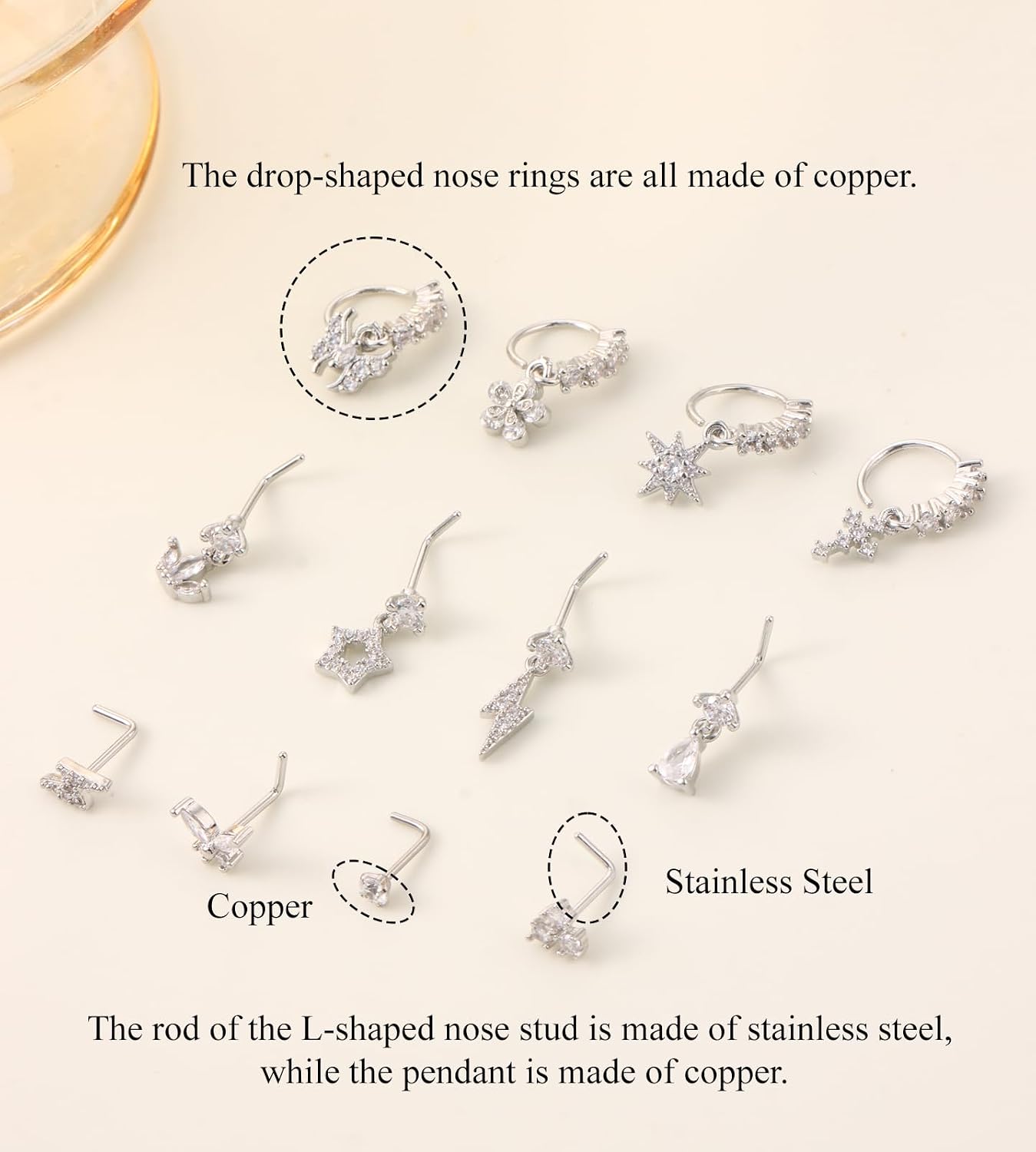 CASDAN 20Pcs 20G Dangle Nose Rings for Women L Shaped Dangling Nose Rings Studs Hoops Stainless Steel Flower Butterfly Moon Dangle Nose Piercing Jewelry(Gold/Silver Color)