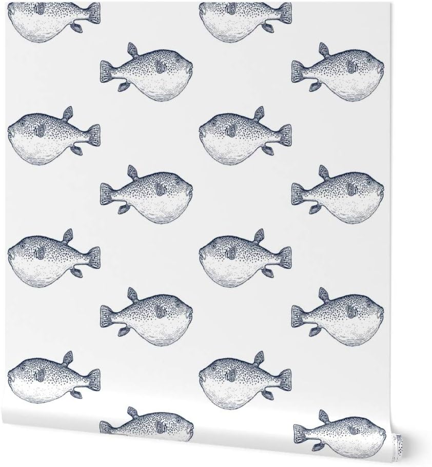 Removable Wallpaper Swatch - Navy Fish White Blowfish Pufferfish Beach Custom Pre-Pasted Wallpaper by Spoonflower