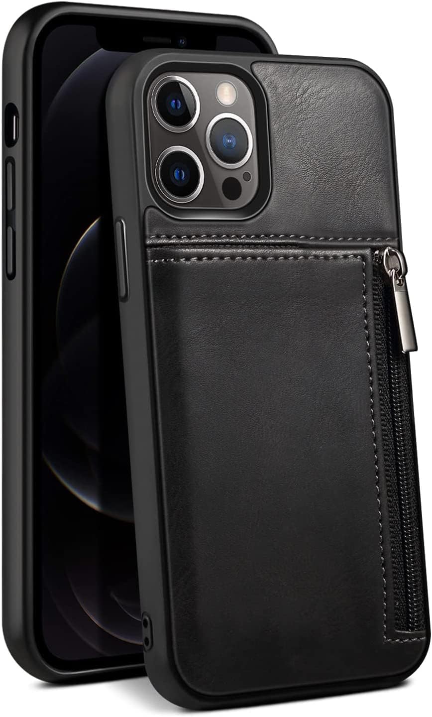 Wallet Case for iPhone 12/12 Pro/12 Pro Max, Vintage Leather Back Cover with Zip Card Holder Case Cover for iPhone 12 Series (Color : Black, Size : 12 6.1")