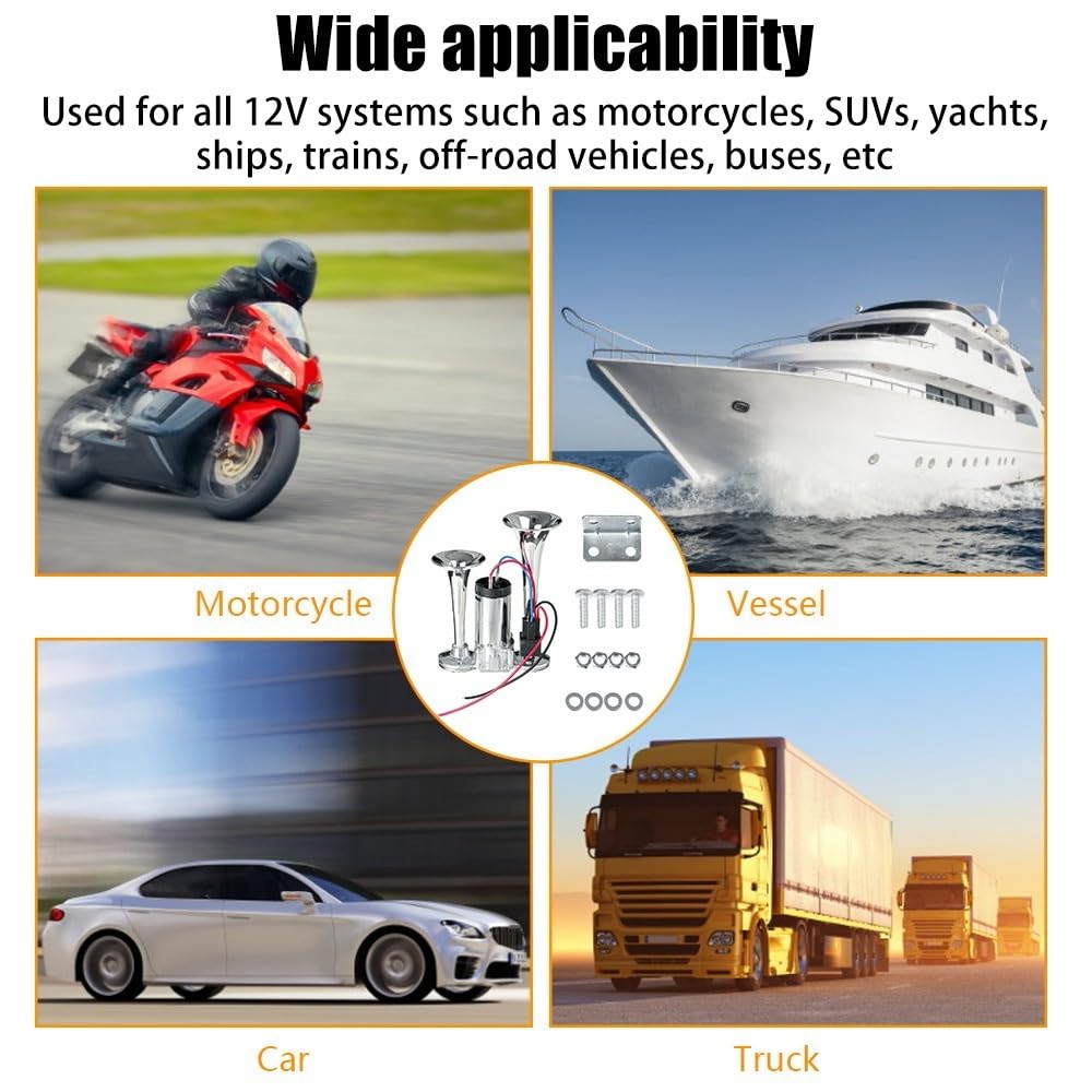 Autohupe, 150 DB Super Laut Doppelte Elektrische Lufthupe Elektrische Hupe Versorgung Doppelrohr Metall Verbundene Elektrische Pumpenhupe Air Horn Kit 12 V Zughupen Set für LKW Autos Boote