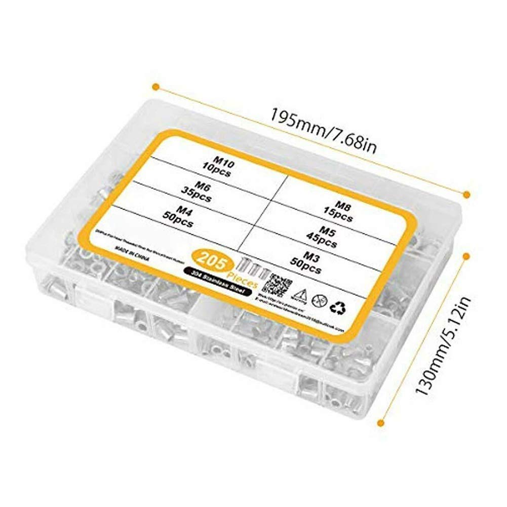 Dadi rivettati filettati, Confezione da 205 kit di dadi rivettati a testa piatta in acciaio inossidabile 304 M3/M4/M5/M6/M8/M10