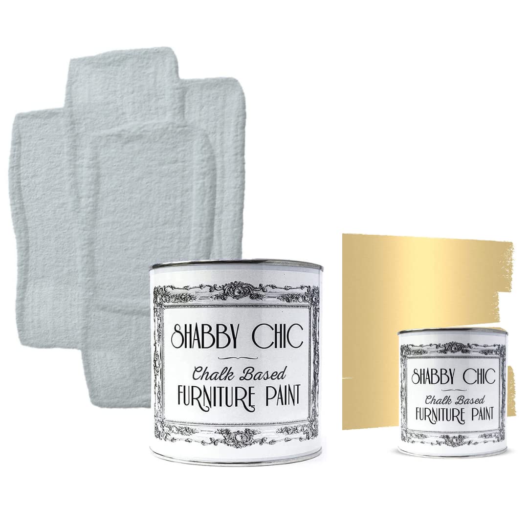 Shabby Chic Chalk Based Furniture Paint - Liter Caesious & 8.5oz Antique Gold - Bundle - for Home Decor, DIY Projects, Wood Furniture