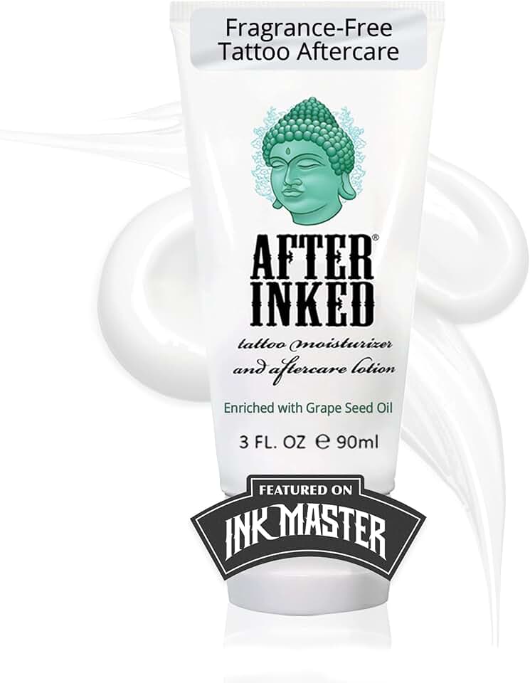 After Inked Tattoo Aftercare Lotion Moisturizing Balm for Inked Skin, Featured on Ink Master, Hydrating Skin Nourishment Cream with Grape Seed Oil, Gentle Daily Tattoo Maintenance, 3oz Tube, 1 Pack
