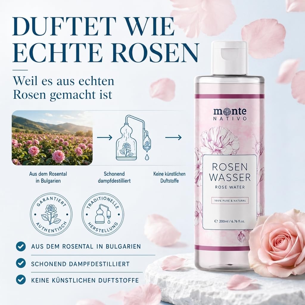 Monte Nativo czysta woda różana, 100% naturalna, do twarzy, z hydrolatem, podwójna destylacja parą wodną, 2 x 200 ml