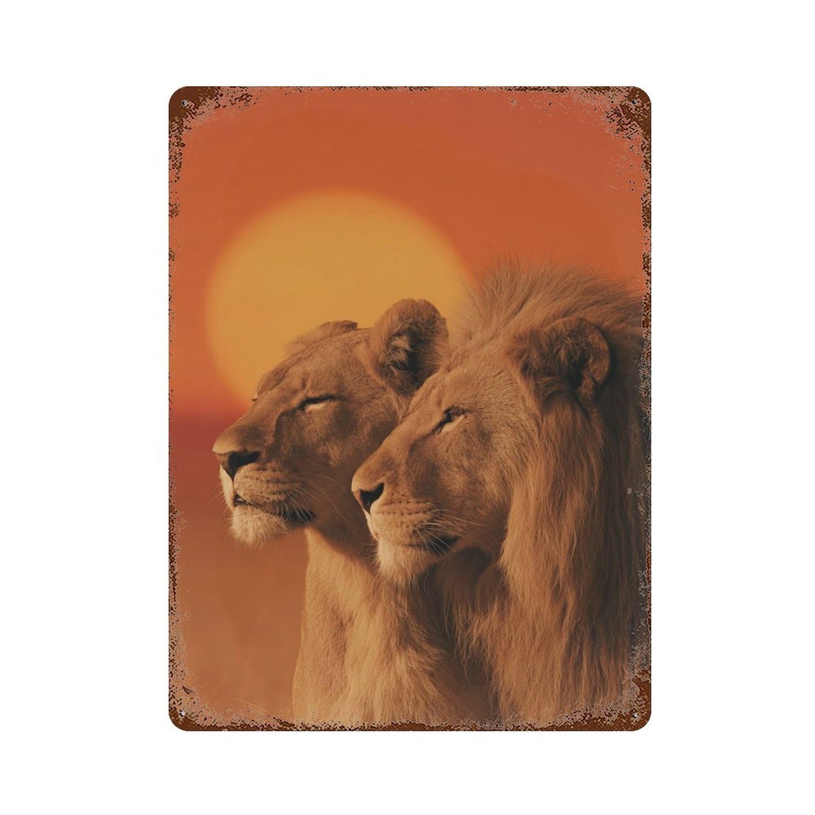 Lion Couple Sunset Wildlife Distressed Metal Wall Sign 15.7"x11.8", for Garage, Bar And Workshop Decor, Decorative Metal Wall Art