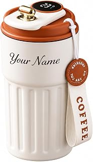 FOMQUAZLI Personalized 500ml Stainless Steel Coffee Mug with Brown Lid, Temperature Display, Custom Name Water Mug with Le... Price In India