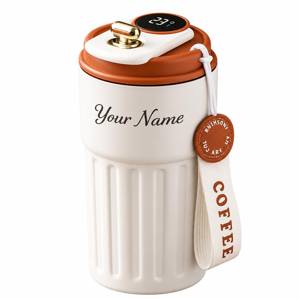 FOMQUAZLI Personalized 500ml Stainless Steel Coffee Mug with Brown Lid, Temperature Display, Custom Name Water Mug with Le...