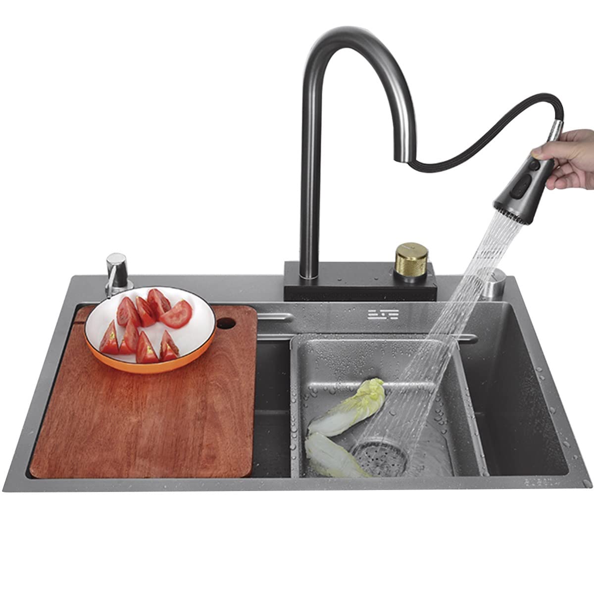 ZQFHSX Kitchen Sinks Grey Stainless Steel Sink Large With Waterfall Faucet Single Bowl All Accessories (Color : Grigio, Size 75x45cm)