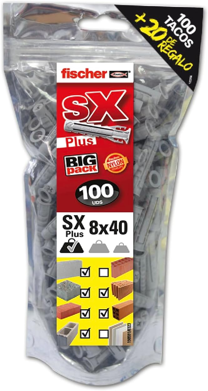 fischer 568676 – Big Box of Wall Plugs for Concrete SX Plus 6 x 30, for Fixing Lamps, Pictures, Air Conditioners, Pack of 1000 + 5 Drill Bits 6 Diameter