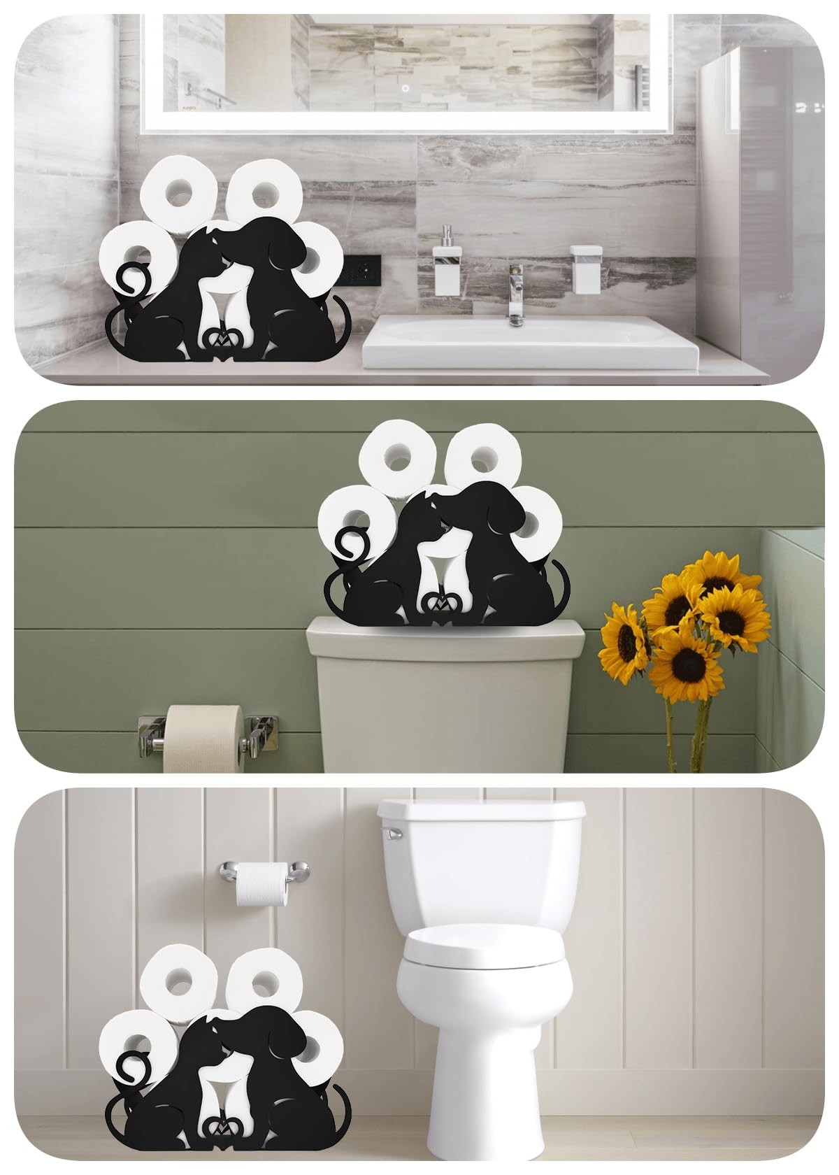 Lover Dog Porte-papier toilette décoratif en métal noir pour salle de bain, peut contenir 8 rouleaux supplémentaires