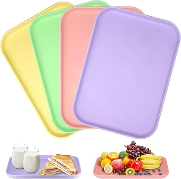 4 Pcs Plastic Trays for Food Serving, 24 17CM Rectangular Serving Tray, Reusable Dinner Trays, Small Tray for Drinks,Snacks,Fruits,DessertsPink,Green,Purple,Yellow