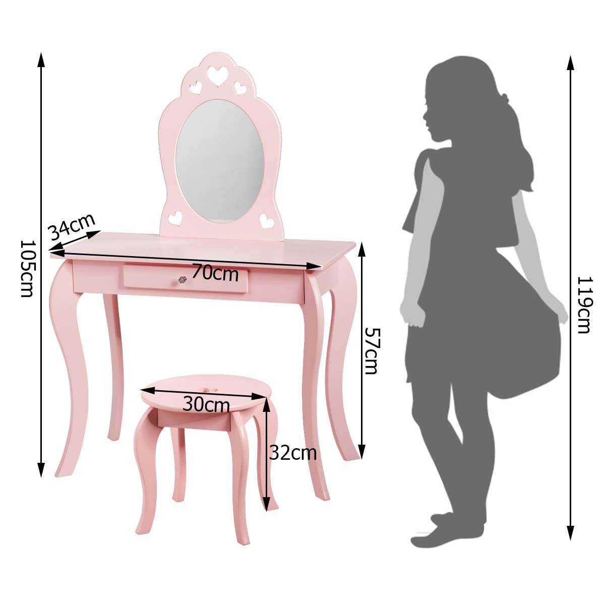 COSTWAY Kinder Schminktisch mit Hocker und Abnehmbarer Spiegel, Mädchen Frisiertisch Holz, Kindertisch mit Schublade, Spiegeltisch 70x34x105cm (Pink)