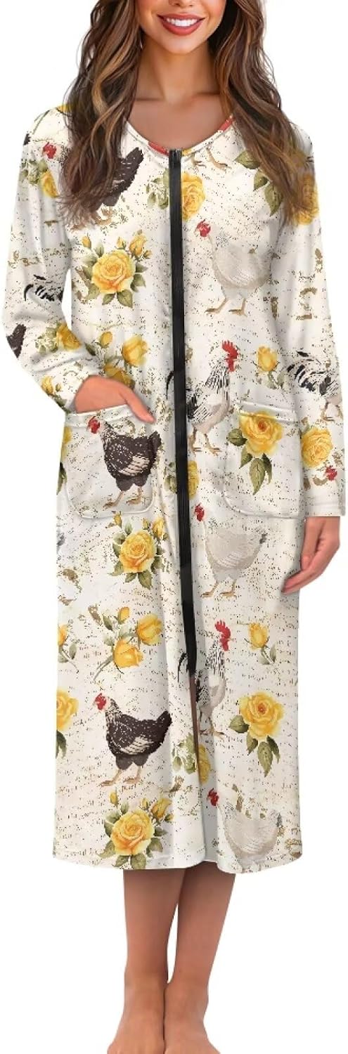 Talayituse Women Zipper Robe Long Sleeve Nightgowns House Dresses for Women Crew Neck Nightwear Dress Sleepwear with Pockets