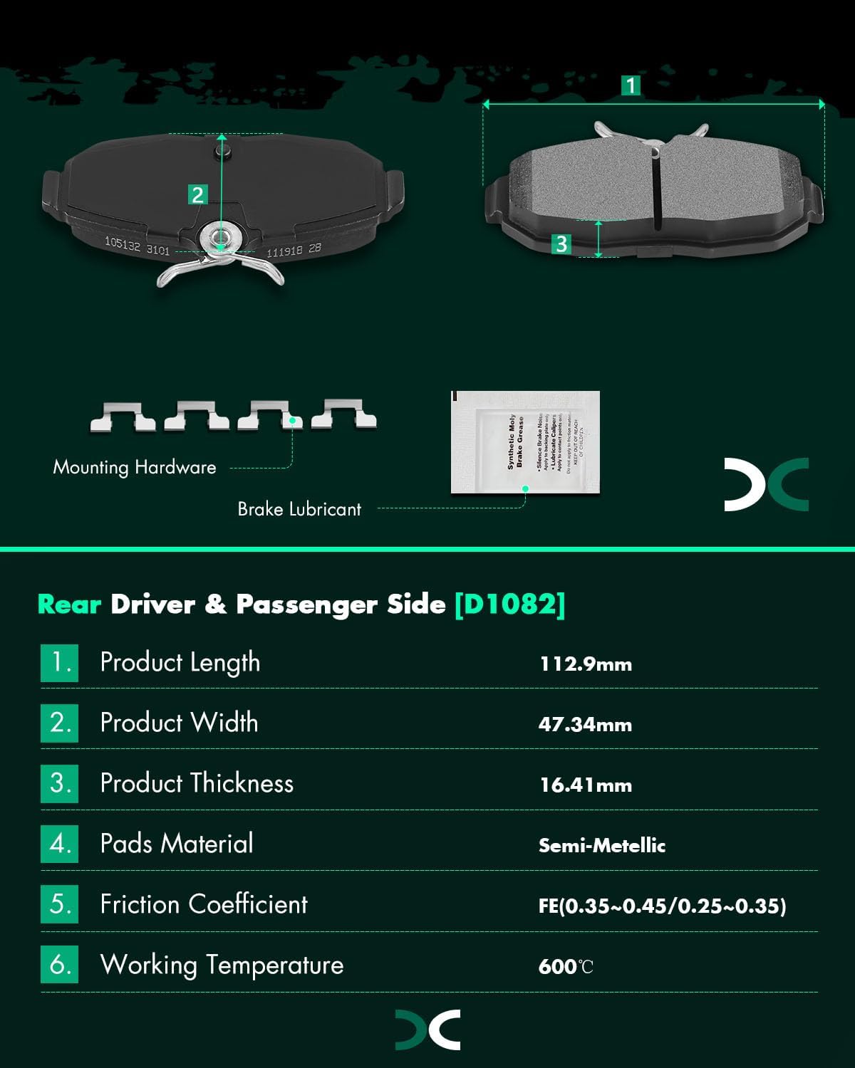 SCITOO D1082 Semi-Metal Brake Pads Kits Rear Replacement For Ford For Mustang 2005-2011