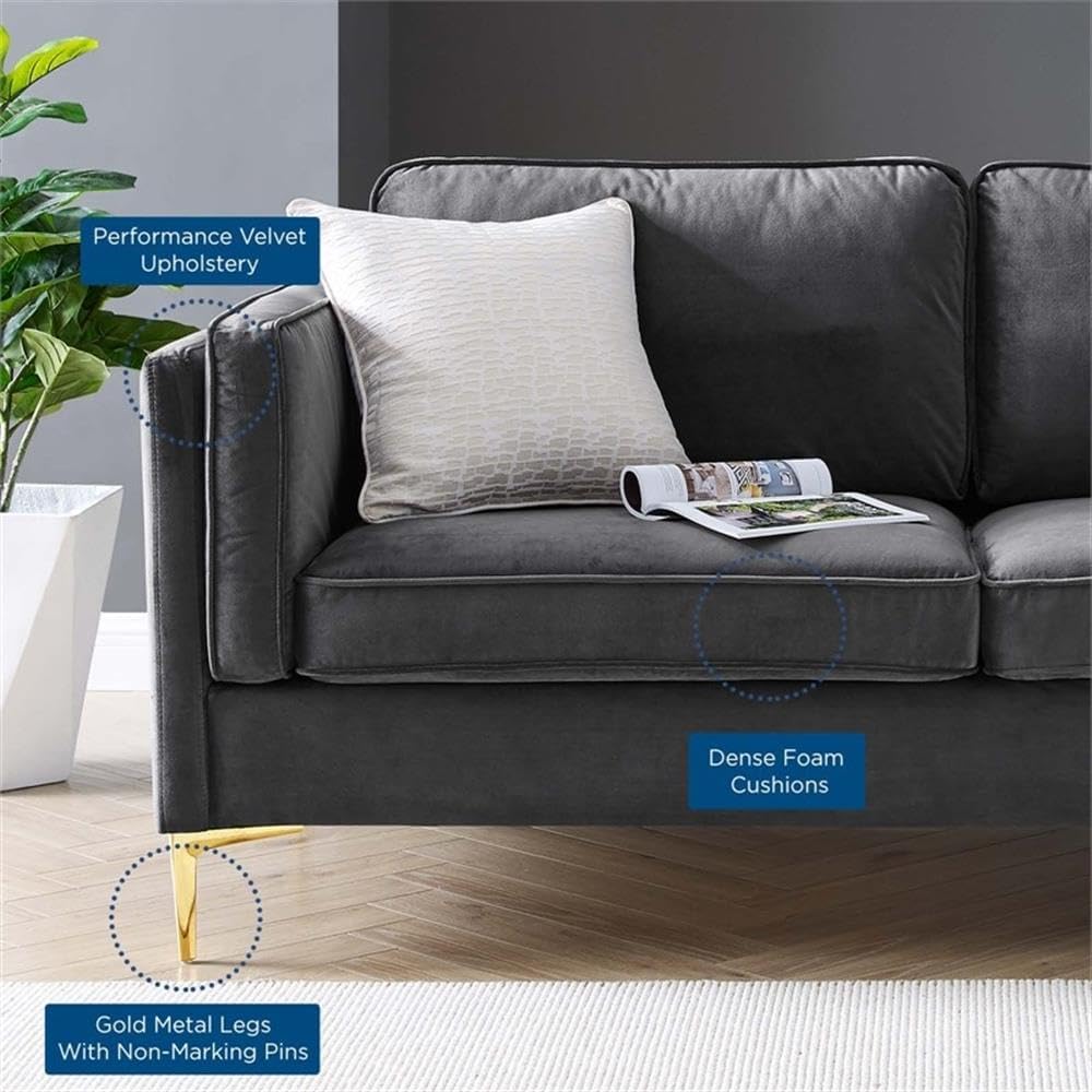 Pemberly Row Performance Velvet Sofa, Charcoal Stain-Resistant Upholstery, Gold Metal Legs, Solid Wood Frame, Dense Foam Padding, 71" W x 32" D x 33.5" H, Glam Deco Living Room Seating