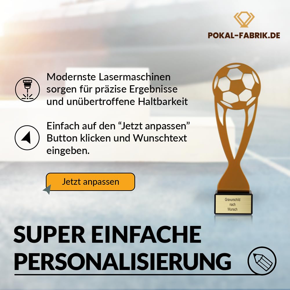 Pokal-Fabrik Pokal mit Gravur Wunschtext – Gold Trophäe aus Metall – Personalisierte Auszeichnung für Fußball WM & Sport Events – 21 cm inkl. Steinsockel